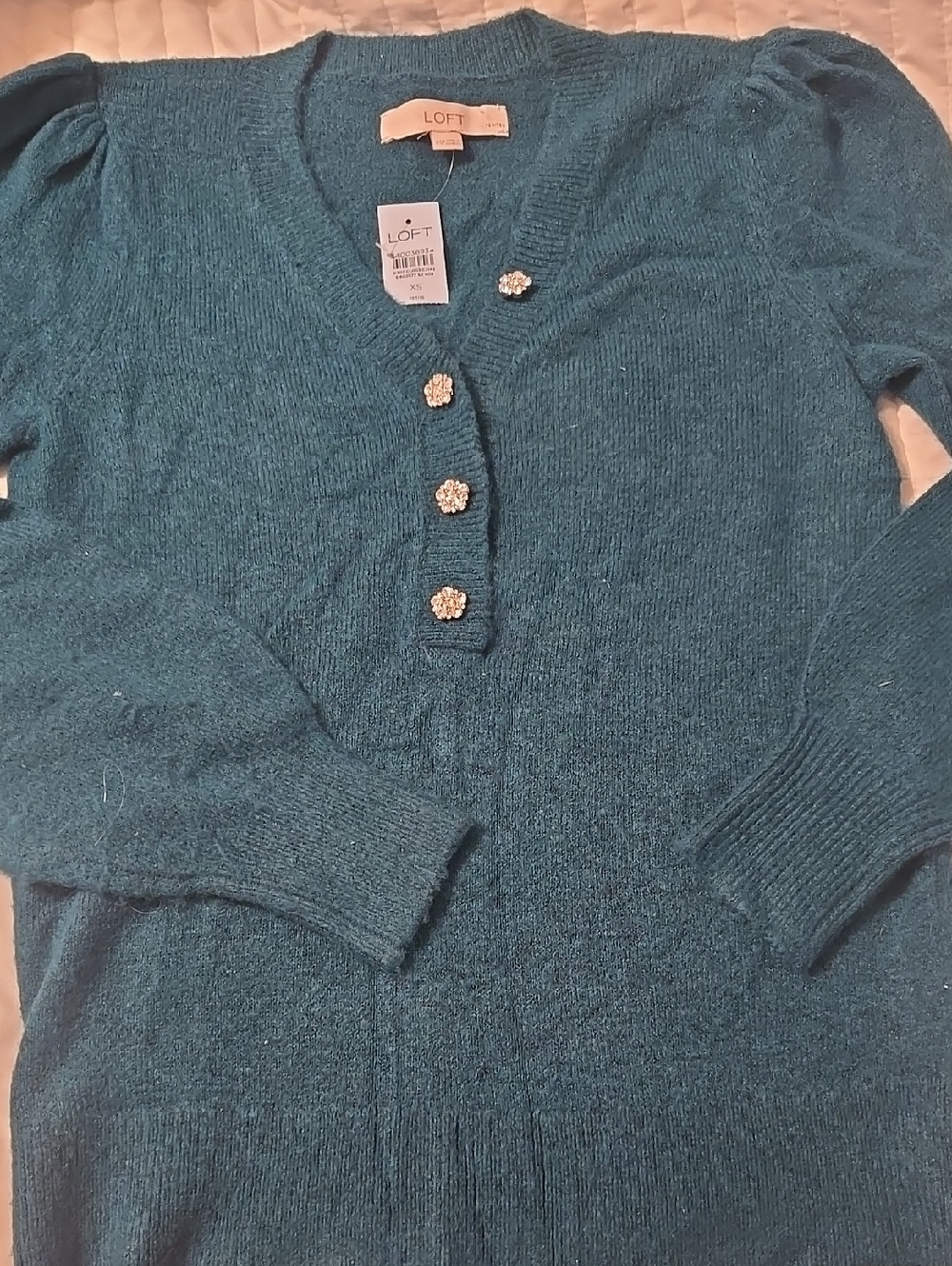 LOFT Teal Green V-Neck Sweater with Rhinestone Flower Buttons Pleated Shoulders